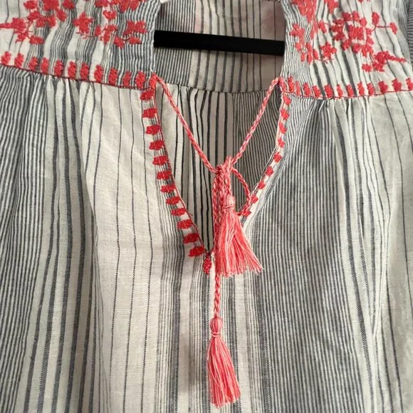 Lovestitch Boho Stripe Embroidered Tie Neck Top - Picture 3 of 5